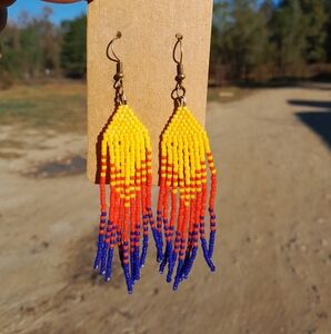 SOLD Gold, Red, And Blue Beaded Fringe Earrings